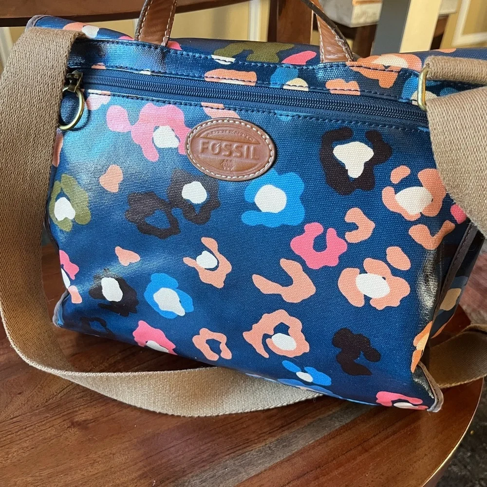 Fossil Navy Blue Floral Print Coated Canvas Crossbody Laptop Tote Bag